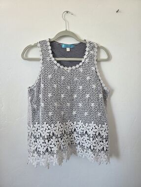 Buttons Floral Eyelet Lace Striped Camisole Top Blue White Boho Beach Nautical M